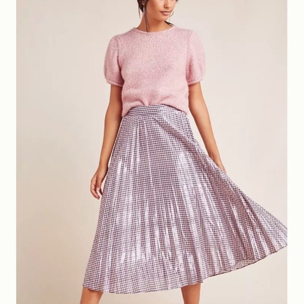 Anthropologie Rowan Pleated Gingham Shiny Midi Skirt